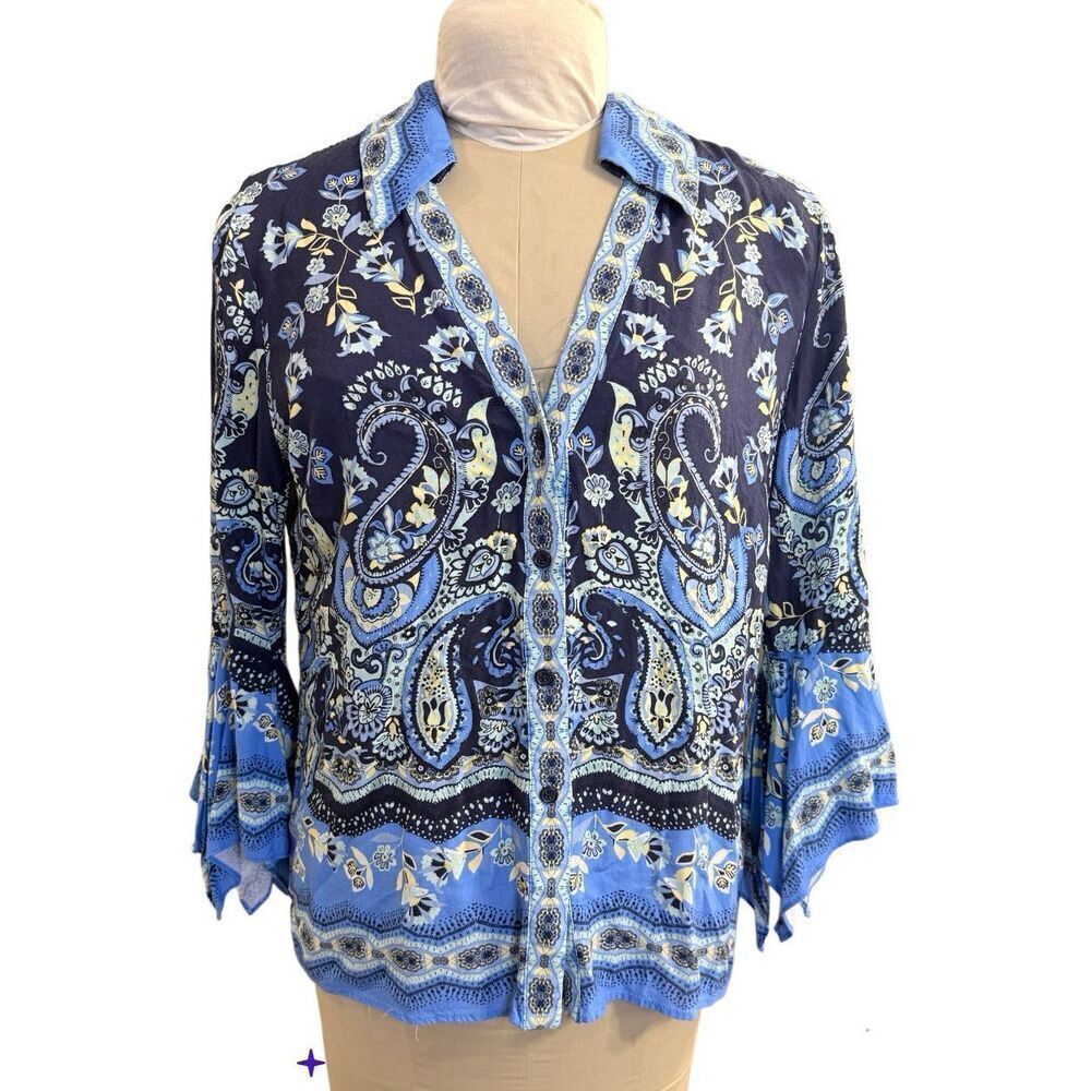 Boston Proper Paisley Print Bell Sleeve Top Blouse Large V-Neck Flowy Boho